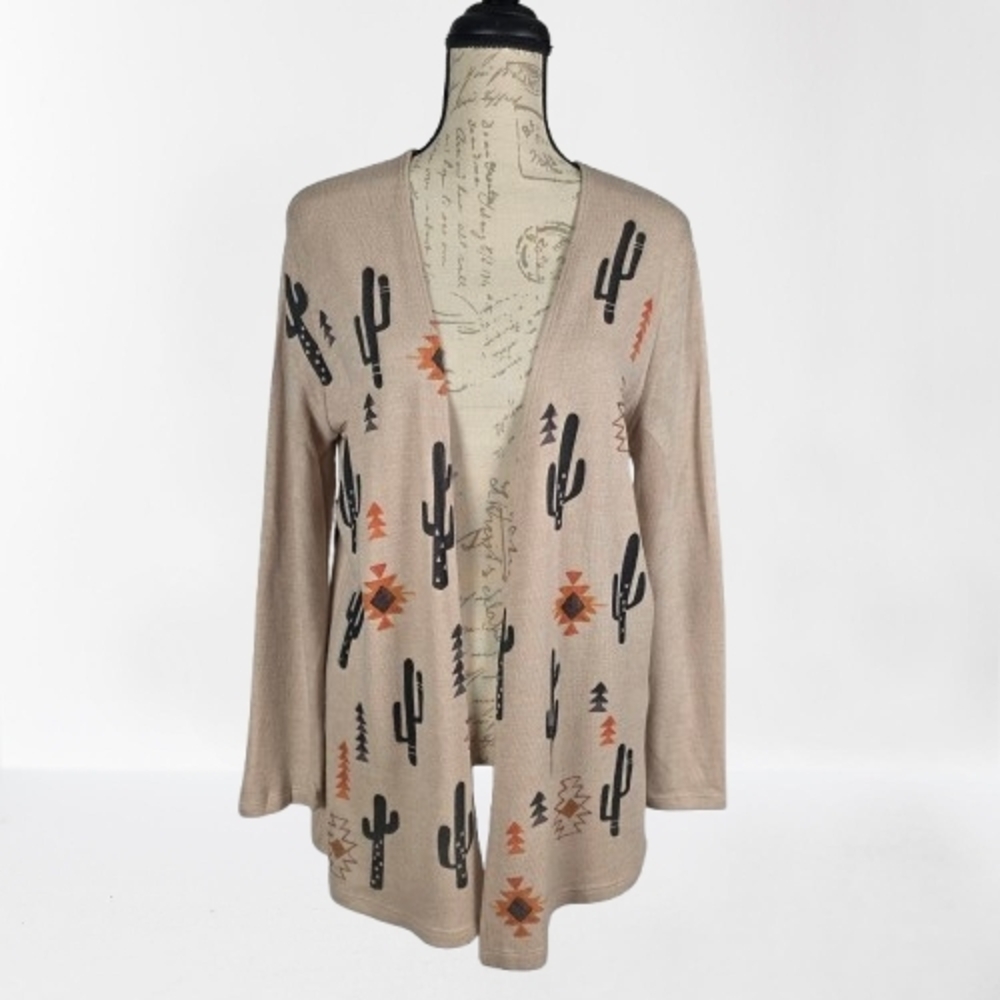 Phil Love Cactus Print Cardigan Sweater Tan Lightweight Women's Lg Southwestern